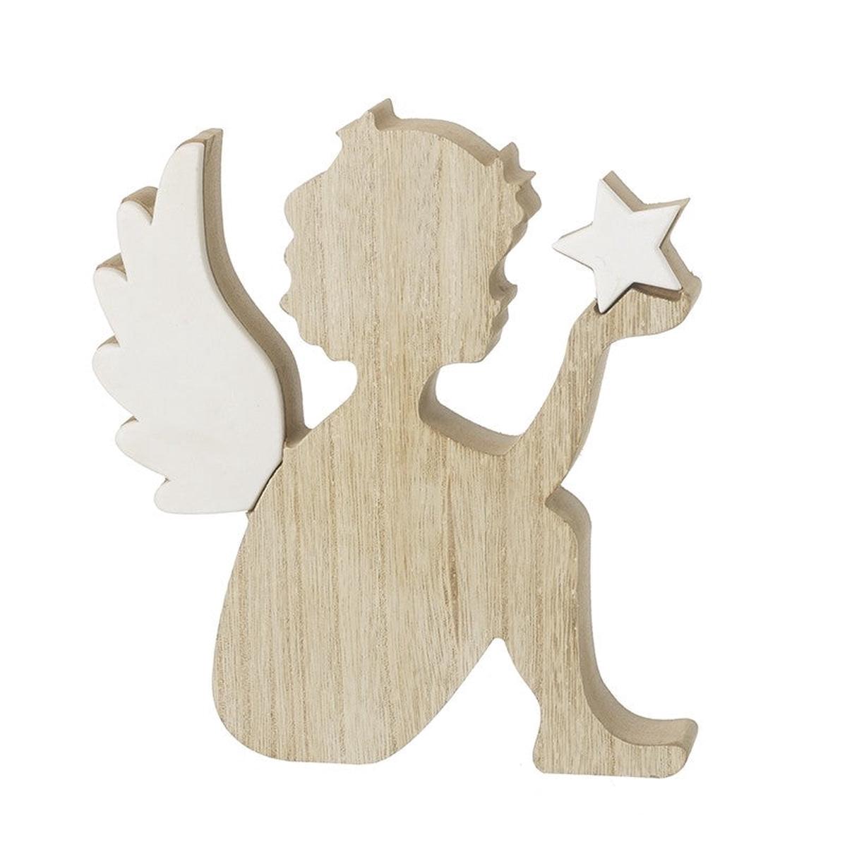 WOODEN SITTING CHERUB HOLDING STAR
