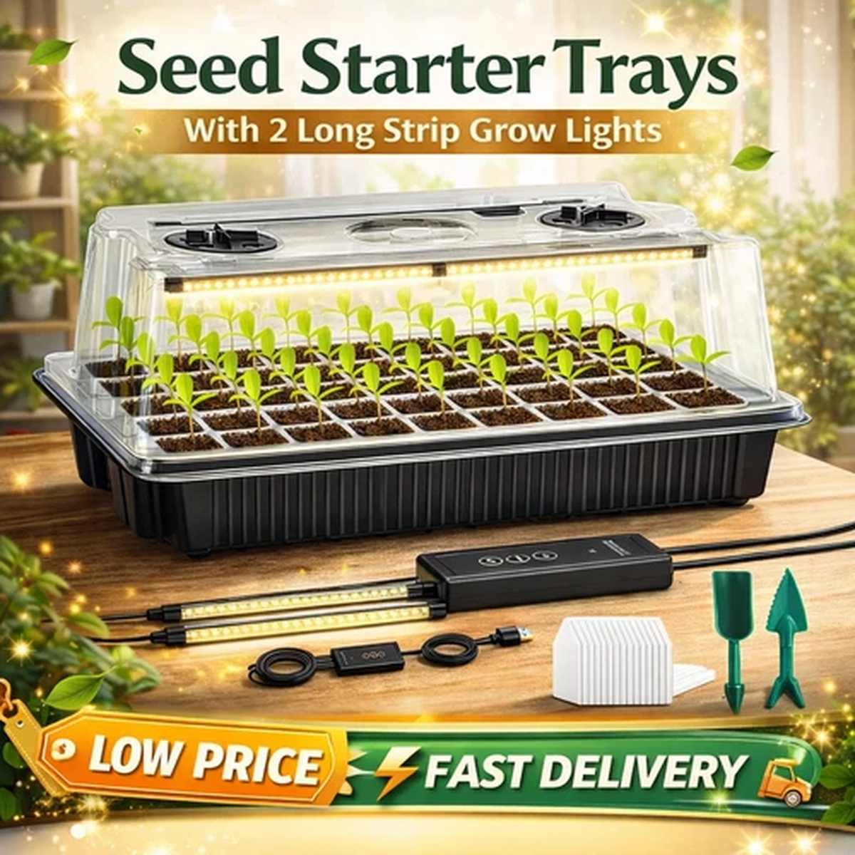 12 Seed Plant Starter Trays with Grow Light Adjustable Humidity Germination Kit